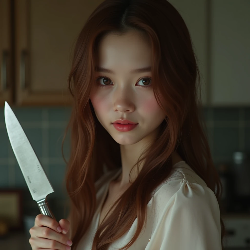 Beautiful girl with straight hair is smiling and holding a kitchen knife