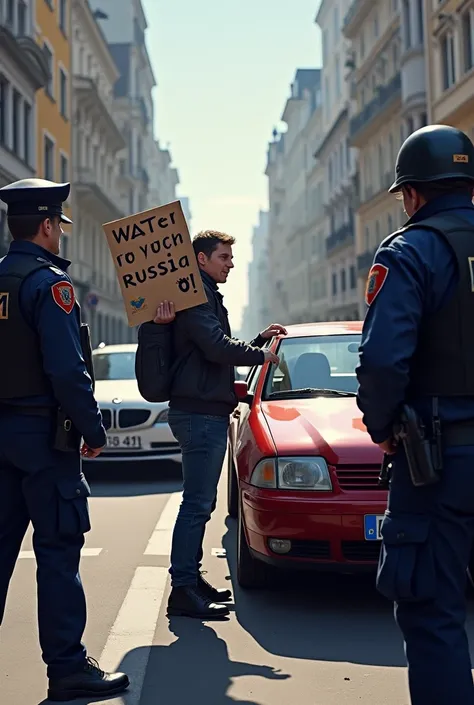  A person is standing by car,  in the hands of a poster ,  The poster says ,RUSSIA TOP , next to the police , the police hit him 