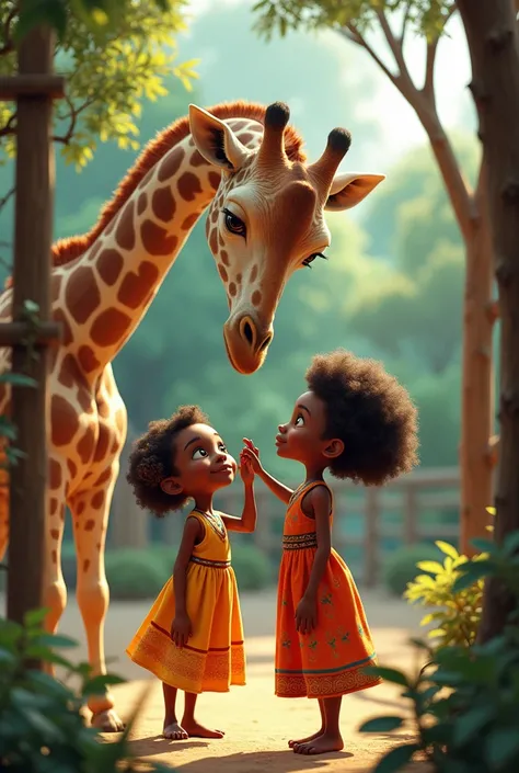 2 African girl s feeding a giraffe in a enclosed zoo
