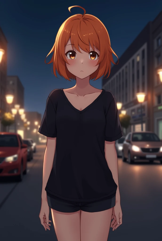 Famale character Dark-skin, eyes 
Brown, Orange Short hair, wearing a black V-neck shirt, Black shorts, the background to city Street nighttime, High Resolution, ultra-high-detail, Super Detailed, Anime, Anime Style, Backlighting, Impressionism, Vignetting...