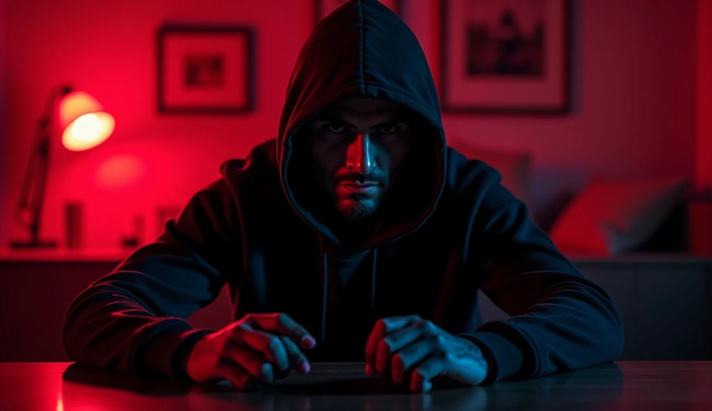 a man sitting Straight and creating video and wear Hoodie and half Black face like only eyes showing hide because of mask and both hand down and backgroud Like raining and Lamp Like Stido with dark and balck neon Black and red Theme Like Horror Or mysterou...