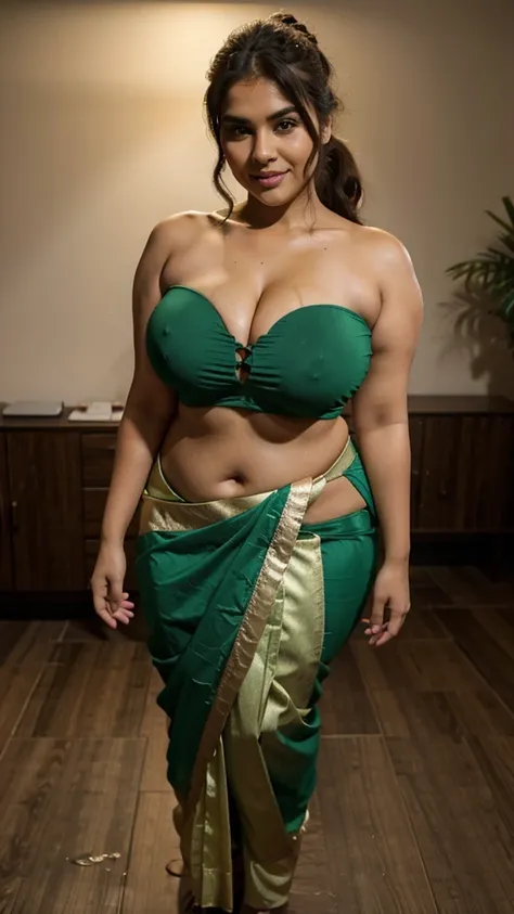  full body of a Indian bbw curvy t4mm, seductive, deep cleavage, very big breasts,belley button visible,looking at viewer, smile, (cum Splash on her face, Splash of cum on her lips, cum Splash)ponytail, light green colour heavy embroidered strapless deep n...