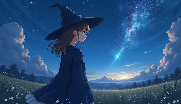 8k、 high school girl、 mature、smile、 Looking Back、 Navy Blue Robe 、Three-cornered hat、 medieval Europe 、 Another World、Meadow、 magic 、night、 romantic、 glitter、Great meteor shower 、 starry sky 、Anime 2D Style、Lo-Fi、LoFi、アニメ調Illustration、Illustration