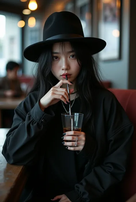 A stunning and highly refined photo featuring a young Korean woman with long, flowing black hair, wearing a black hat, a silver necklace, and earrings. She is dressed entirely in black, with an oversized black T-shirt and a luxurious black parachute jacket...