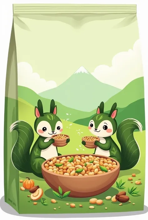 Create an illustrative packaging design for a green tea-flavored cereal product aimed at a family-friendly audience. The centerpiece of the design features two adorable green squirrels with tea leaf-inspired patterns on their fur. One squirrel holds a smal...