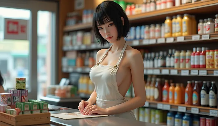 HD, retina, accurate, masterpiece, anatomically correct, textured skin, super detail, high details, award winning, best quality, highres, realistic, hyper-realistic 4K ,a hot Japanese Adult Video Actress, working as a cashier in  convenience store, big bre...