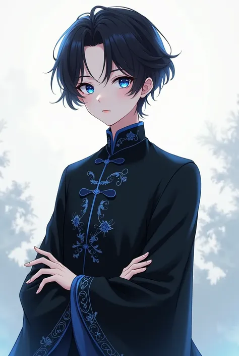 Anime boy wearing black chinese dress
With blue eyes