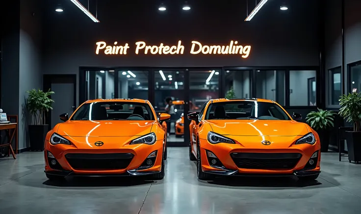 a photograph of a premium car detailing shop offering paint protection film installation service. There are two orange cars parked. The entire mood should be dark and fancy. And the picture must be realistic.