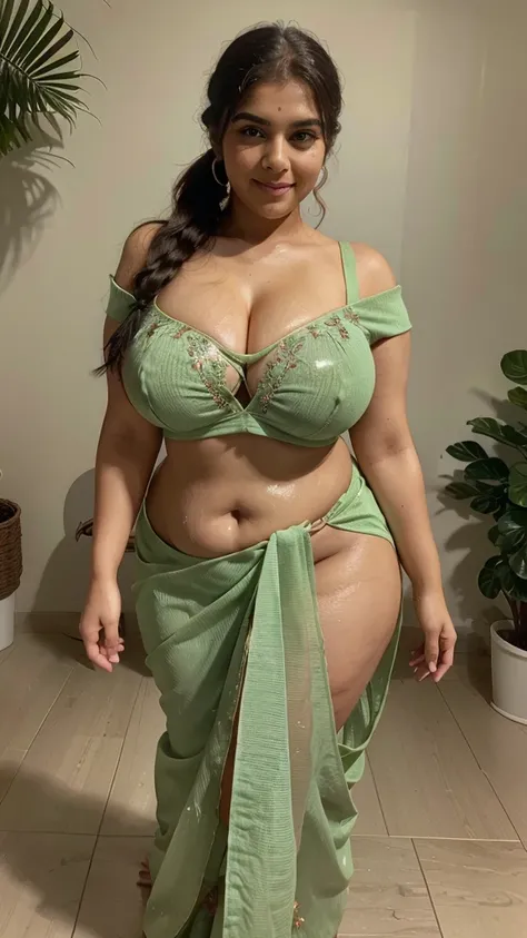 , Top view ,full body image of a Indian bbw curvy t4mm, seductive, deep cleavage, very big breasts,belley button visible,looking at viewer, smile, (cum Splash on her face, Splash of cum on her lips, cum Splash)ponytail, light green colour heavy embroidered...