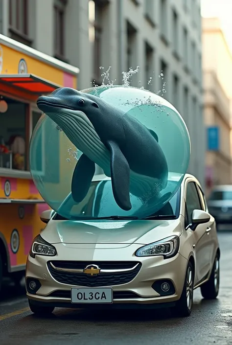  Create an image of two whales inside a black Chevrolet Corsa car. The car is next to a foodtruck 