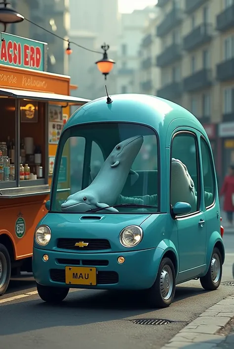  Create an image of two whales inside a black Chevrolet Corsa car. The car is next to a foodtruck 