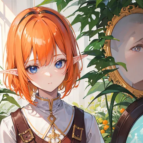 (( best quality)), ((masterpiece)), ( Details),  perfect face,juvenile,Bob Head ,Orange Hair,Elf