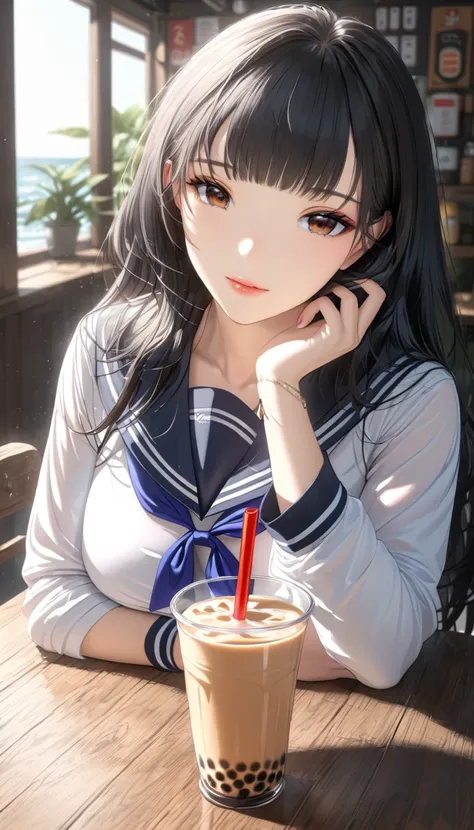 nsfw,score_9, score_8_up, score_7_up, masterpiece, best quality, high resolution, realistic, 1girl, solo, Korean girl, looking at viewer, cowboy shot, long black hair, bangs, brown eyes, big breasts, sailor suit, skirt, sitting, table, chairs, (boba milk t...