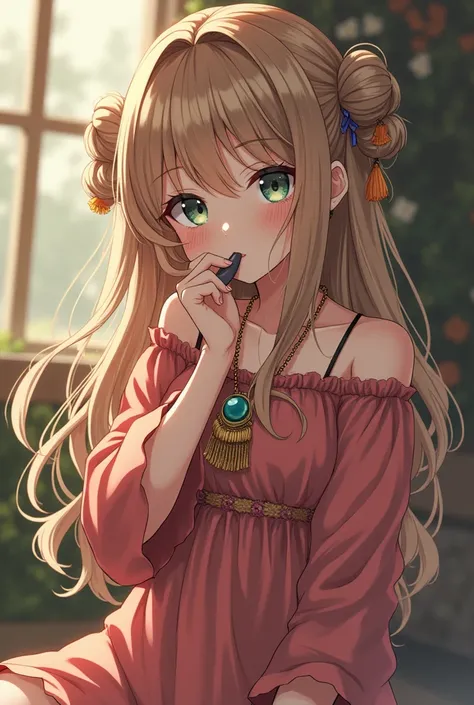   Beautiful anime girl with long wavy hair, bohemian dress, sucking a penis with her mouth, 