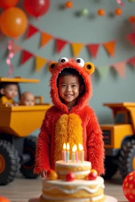  scene of an  Indonesian boy , full body, wearing a monster costume. Inc,  celebrating birthday with joy ,  with tiered birthday cake decorated with 8 number candles ,  birthday decorations balloons and large dumptruck figura on the back, even and soft lig...