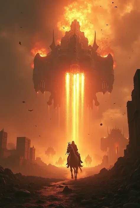 A fiery battlefield from ancient times, with flying chariots shooting beams of light. The ground below is scorched, and crumbling structures are engulfed in flames, while smoke and ash fill the darkened sky."