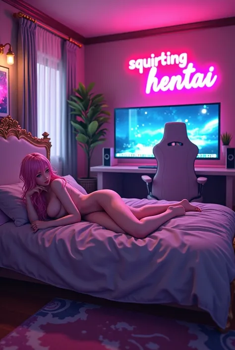  Create a large room with a female anime theme,Furniture,bed, a computer looking forward , a sign in letters of lights on the wall that says "squirting hentai "una mujer semi desnuda con cara de ahegao acostada en la bed