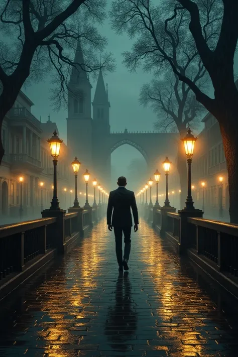 Man in a suit walking alone on a rainy night across a colonial cobblestone bridge and large grove with colonial lanterns, cobblestone street and town, 1930s colonial architecture, painting style 