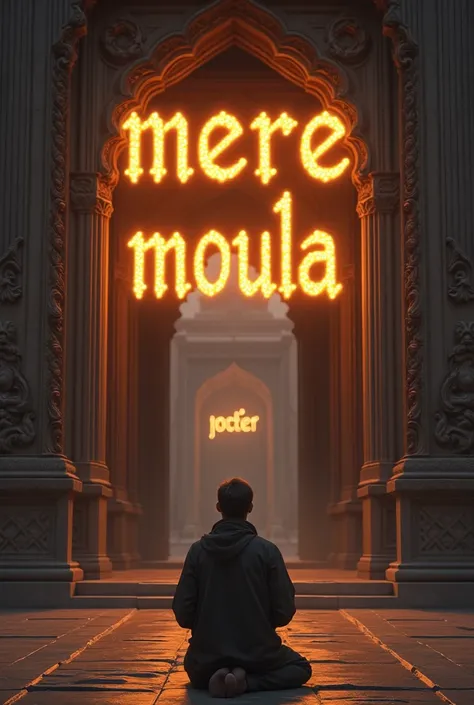 Man praying outside the gate of temple,he is on his knee down and "MERE MOULA"written on the front screen in huge letter and the latter are lighting and keep it back of the person keep it little low,just above his head 