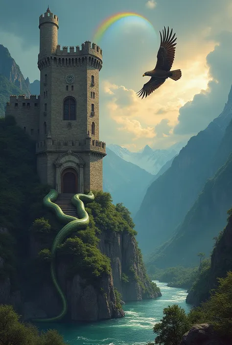  Make me an image for ren of this text 
Story : " The Condor and the Snake in the Castle by Chavín "
 In an ancient time ,  when the gods were still talking to the animals ,  in Chavín Castle there were secrets about the harmony of the world . the condor, ...