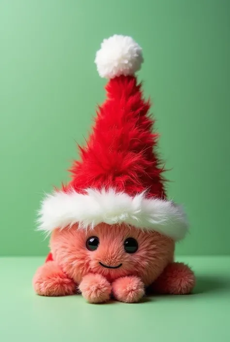 Jellycat style，一个hairy的红色圣诞帽毛绒玩具，There is a smiley face on it ，lively，cute，Christmas theme， clean background， solid background ，Christmas green background ，珊瑚绒质感 ，hairy，  light contrast color scheme， fluffy and soft texture 