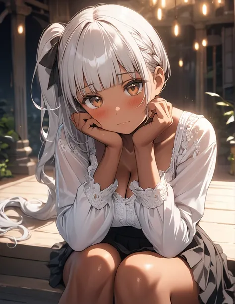 ((dark skinned female:1.3)),  brown eyes, hands on own face, Intricate Details,  Beautiful Detailed Face , blouse, skirt,  watching viewers,  silver Hair , (side ponytail hair:1.3),  blunt bangs , huge chest, hair ribbon, tan skin, gleaming skin, shiny ski...