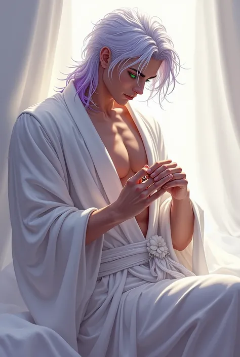 A boy in white tea , muscular,  with a monstrous cock ,  with white hair with purple highlights and green eyes, jerking off,  in his hand has a wedding ring  