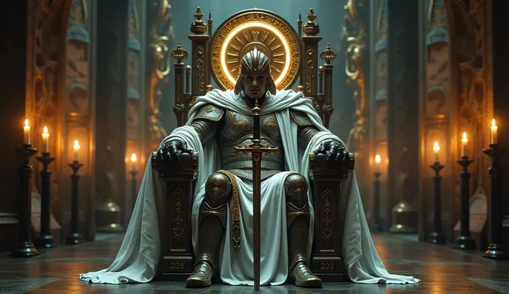 Wide view, portrait, futuristic, Sci-fi cinematic scene. Dramatic lighting Gothic style Royal chamber background. The Chamber lighting with lamb nad candles, Throne in center. The Goly Emperor sitting on Throne, he wearing the intricated detaied Metal Roma...