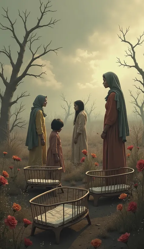 "Create a symbolic and emotional image of a world without daughters. Depict a barren and desolate landscape, with empty cradles scattered across the scene, symbolizing the absence of girl ren. The environment should feel lifeless, with withered trees, a du...