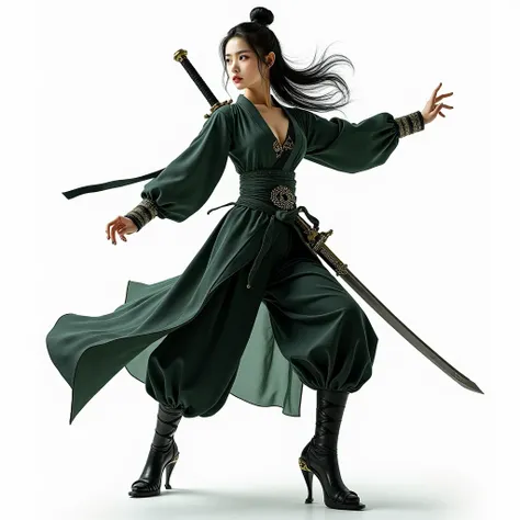 1 female, Actress,  Handsome, splash ink,  with Chinese armor plate decoration on the body, black hair, Hair flying in the wind , delicate eyes,  black green antique corduroy robe , vision, (f1.8), (masterpiece), (Portraits), front shot,  white background,...