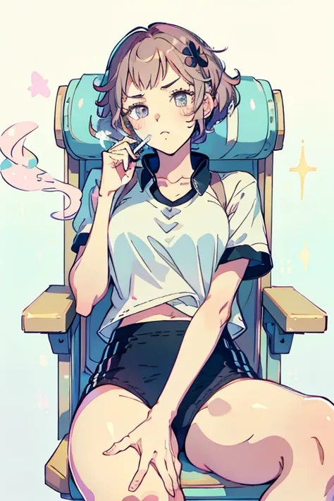 best quality,(1girl, solo, ), kawaiitech, smoking, slumped in chair, pastel clothes, frown, smoking cigarette, kawaiitech cigarette, smoke, 
bags under eyes,girl in a　white blouse and a Black gymnastics bloomers, High leg、