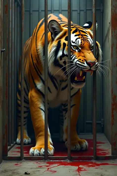 An image of a tiger dying because it was placed in a steel frame