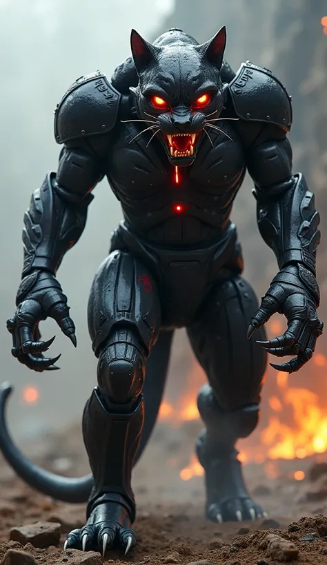 A monstrous hybrid creature blending Darth Vaders iconic design with the feral elegance of a panther. The body is sleek and muscular like a panthers, covered in a metallic black exoskeleton reminiscent of Vaders armor. Its face combines Vaders helmet shape...