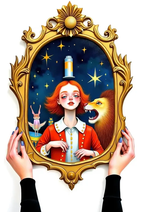   Close-up of beautiful female hands ,  holding a beautiful golden magic mirror  ,  The mirror reflects an incredibly beautiful little circus trainer in a circus cylinder on her head,  curly hair,  white shirt,  circus red jacket ,  mysteriously smiles and...