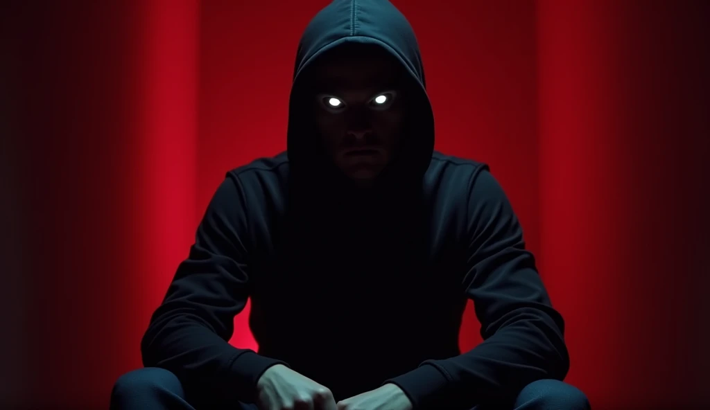 A high-quality image of a single person sitting straight in the center, wearing a hoodie and a mask that covers their face except for their eyes. The shot is taken close-up, with dramatic lighting emphasizing the face and hoodie details. The background is ...