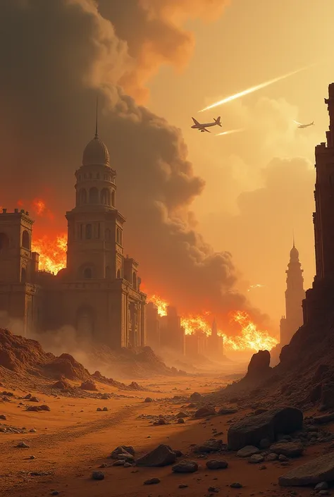 A scorching desert that has existed since ancient times, with rays of light coming from airplanes flying in the sky. The ground below is scorched, crumbling buildings are engulfed in flames, and smoke and ash fill the dark sky. ”