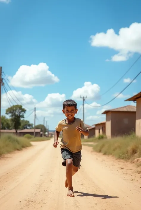 A boy running barefoot down a dirt road, with a simple village in the background and a clear blue sky above. Some fluffy clouds float by, and the sound of the wind is almost tangible. The scene has a sense of freedom and innocence, with the boy’s movement ...