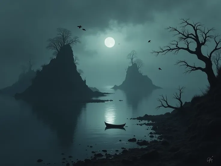  A valley with nothing ,  with only two islands ,  a black sea crossing them, fog, at night, dark, blood, arvoresortas , crows, skeletons,  broken boats ,  wrecked ship .