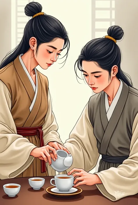  Style watercolor painting .  Tea party in Joseon Korea two young men ,  The aristocrat sits ,  on the left is his servant . An 18-year-old servant , Pleasant facial features,  quite a long nose , plump lips,  x} large wide-cut eyes sparkle .  narrow shoul...