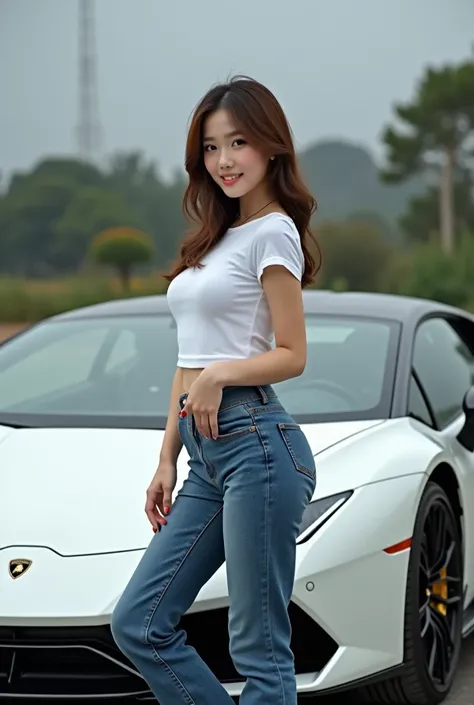 Full body photo of beautiful Korean woman wearing elegant T-shirt long jeans sitting sweet smile on top of full body Lamborghini sports car in white color full body