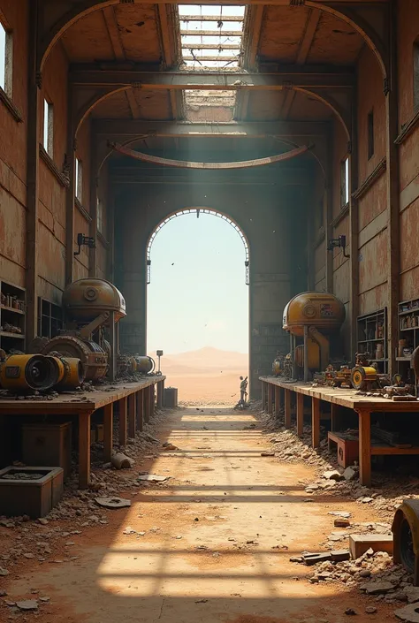 Do the inside of a workshop in a straight perspective in ruins in a dystopian desert 