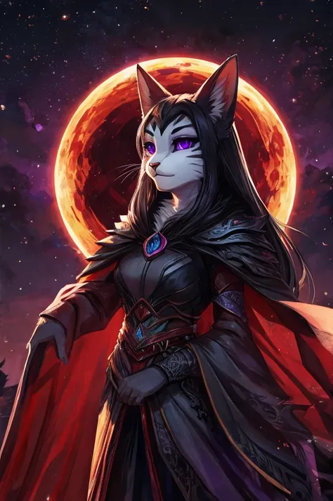 White fur feline female Cat, black long hair, purple eyes, Total Eclipse background, darkness, black mantle