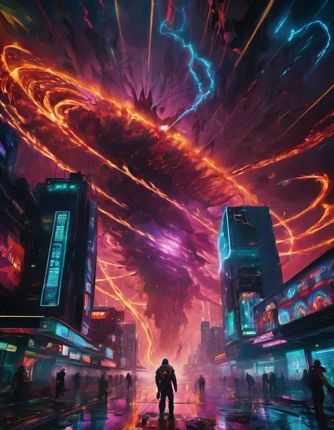 A massive tornado depicting a cyber onslaught where an array of diverse digital entities hurricane with vulnerable. The scene is set in a dark, high-tech environment illuminated by a spiral, lightning, sparks—electric blues, fiery reds and piercing greens,...