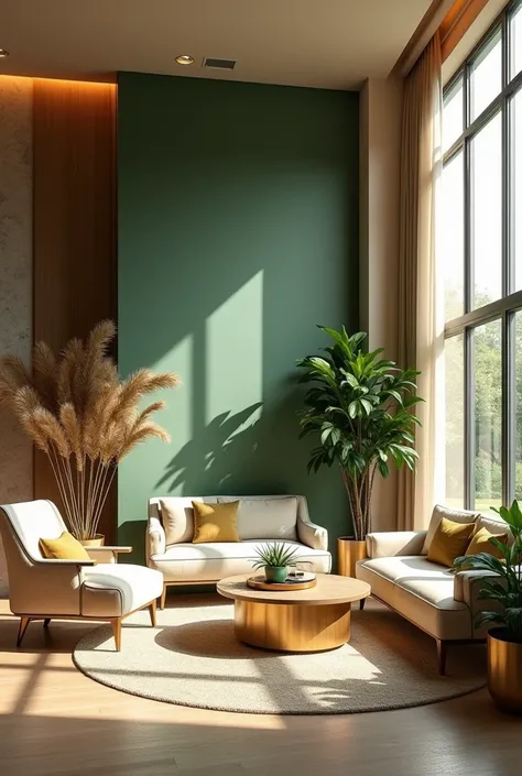 Interior design with a green, gold, and beige theme
