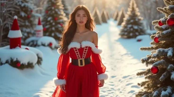 A high angle full body shot of a confident woman in a Santa-inspired dress with a plunging neckline, walking gracefully through a snowy winter park adorned with Christmas decorations, her chest emphasized subtly in the festive attire, the snow reflecting s...