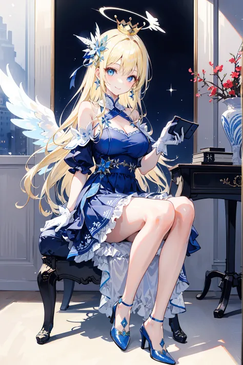 Modern style bedroom ， She is wearing a blue and white off-the-shoulder pleated dress {x} A charming blonde angel sitting on a bedroom chair playing a game console，  Her long hair is adorned with delicate hair accessories  ，She has blue eyes and a big smil...