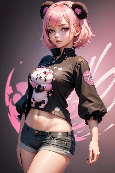 woman, s, adult, cute panda shirt, Short cotton shorts, (extremely detailed CG 8k wallpaper), (pink hair), (best quality), (costume), (best illustration), cowboy shot, (Sharp eyeliner, shadow, detailed eyes:1), to break, (star15escola:1.2), hair ornament,