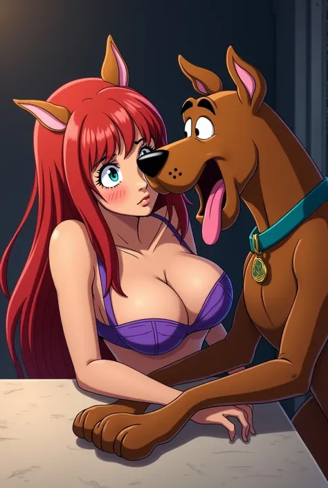 Daphne Blake bent over a table transforming into a dog with dog ears, a panting dog tongue, a dog tail, a dog nose, dog paws, dog hands, dog feet, and dog arms as Scooby-Doo looms over her having anal sex with her from behind. Long Hair, Red Hair, Breasts,...