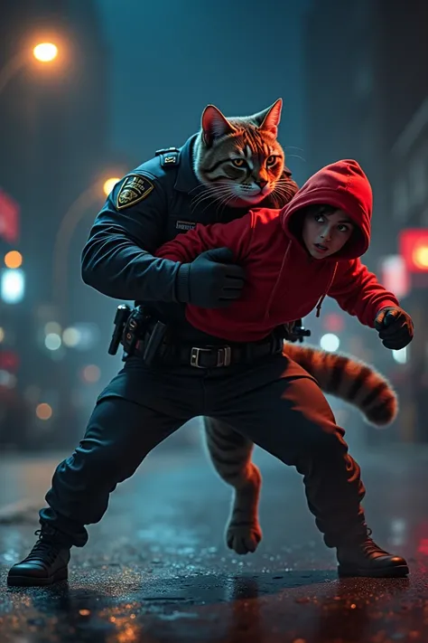 muscular police cat has kicked the wanted night flying and the night is wearing a red hoodie