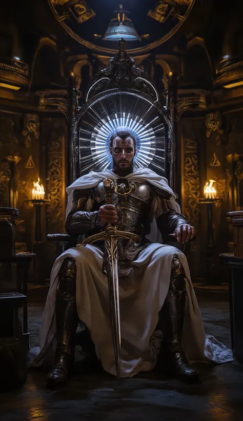 Wide view, portrait, futuristic, Sci-fi cinematic scene. Dramatic lighting Gothic style Royal chamber background. The Chamber lighting with lamb nad candles, Throne in center. The Holy Emperor sitting on Throne, he wearing the intricated detaied Metal Roma...